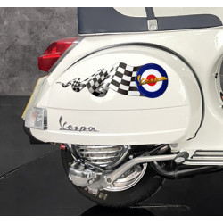 A pair of Gold Vespa on a target with a checkers pennant
